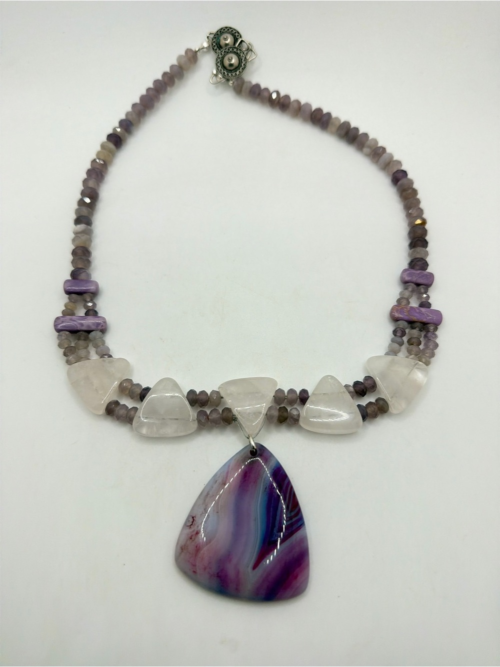 18" REVIVED! Faceted agates, rose quartz, dyed pendant necklace w/ 925 hardware!